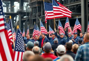 Workers celebrating at a U.S. Steel plant rally
