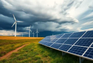 Wind turbines and solar panels under a dark stormy sky