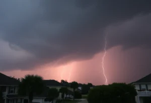 A severe thunderstorm over Charleston with dark clouds and lightning.