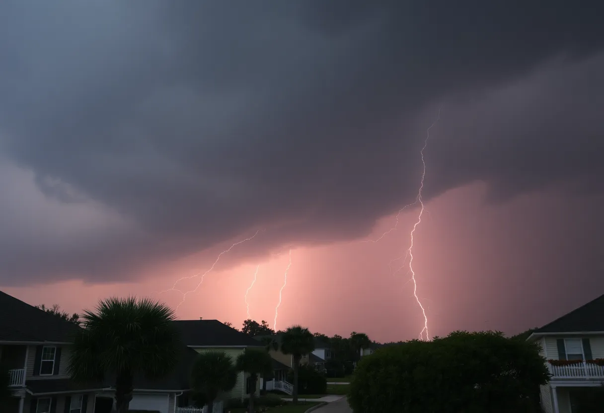 A severe thunderstorm over Charleston with dark clouds and lightning.