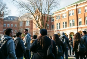 View of Columbia University campus with students walking.