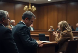 Courtroom scene representing domestic violence issues