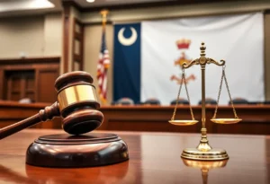 A courtroom scene with a gavel and scales of justice