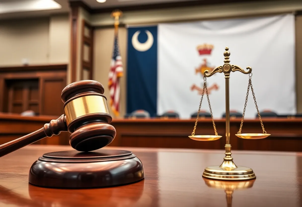 A courtroom scene with a gavel and scales of justice