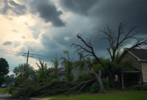 Scene of destruction with uprooted trees and damaged structures after a powerful storm.
