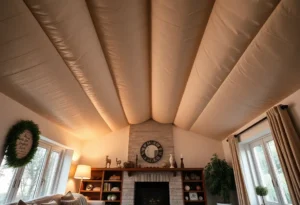 A DIY roof lining showcasing insulation materials and a stylish finish in a home interior.