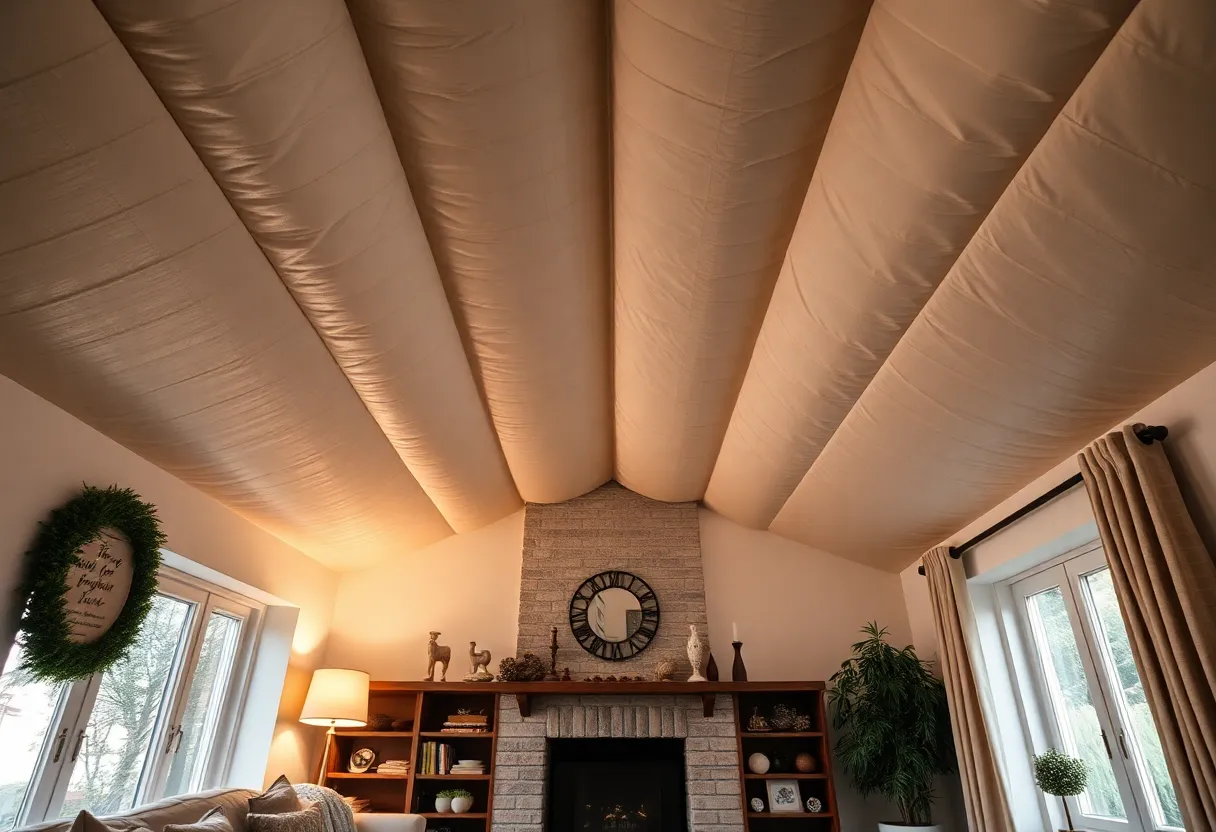 A DIY roof lining showcasing insulation materials and a stylish finish in a home interior.