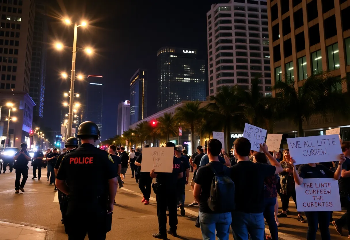Downtown Los Angeles during nighttime curfew with protestors
