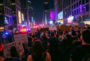 Nighttime view of Downtown Los Angeles protests with law enforcement presence