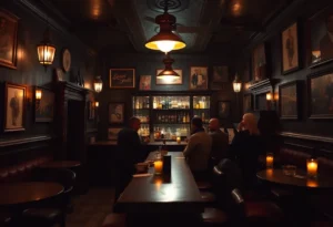 Interior view of Elsie’s speakeasy with a dim atmosphere and bar