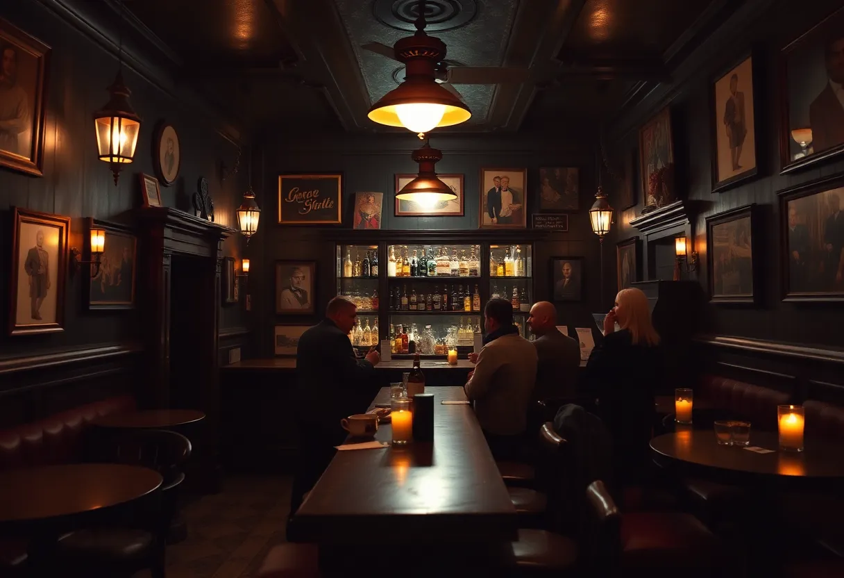 Interior view of Elsie’s speakeasy with a dim atmosphere and bar