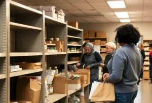 Volunteers at a food pantry assisting community members.