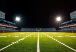 An empty football field ready for training and recruitment with college banners.