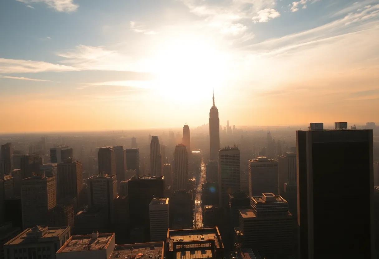 City skyline affected by a heat dome with heat waves rising.