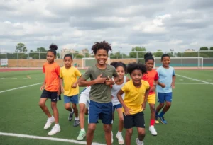 A diverse group of young athletes participating in sports together, representing inclusivity.