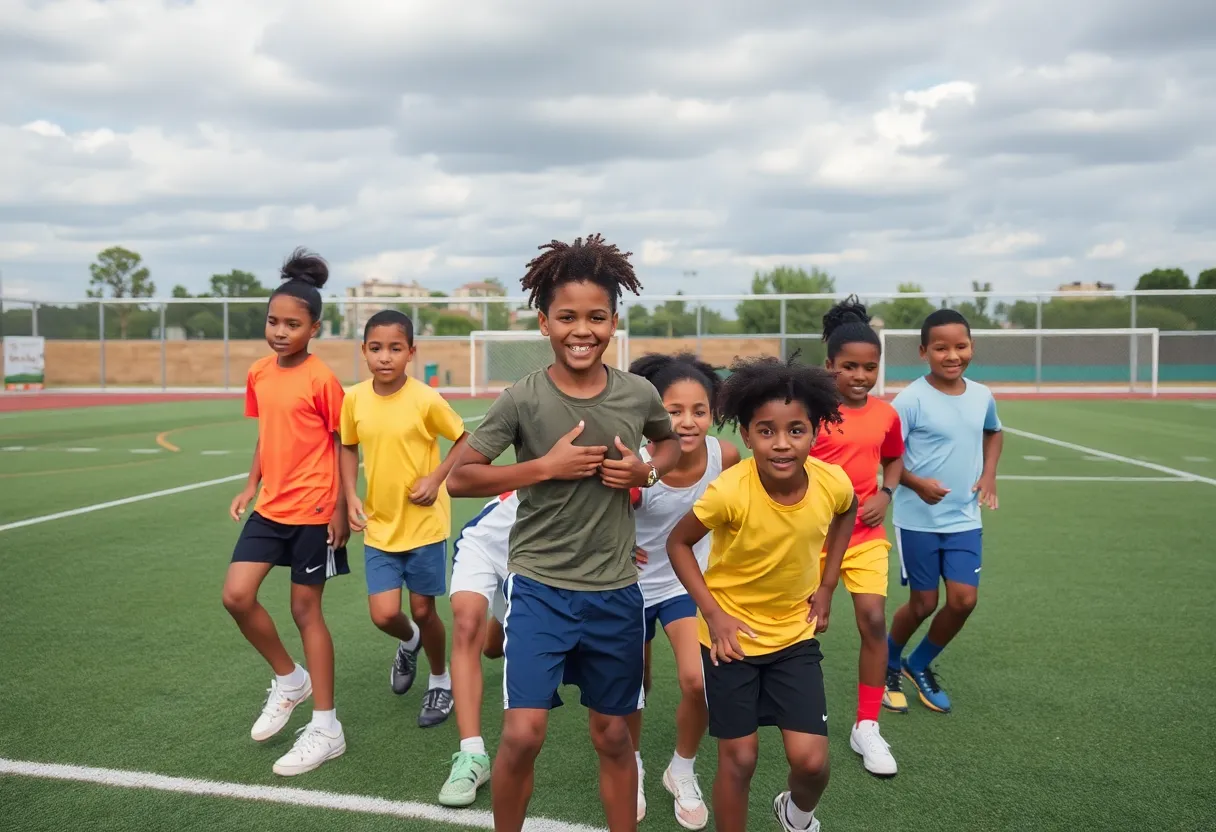 A diverse group of young athletes participating in sports together, representing inclusivity.
