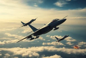 Military aircraft flying over an explosion in a distant landscape.
