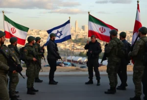 Military standoff between Israel and Iran, showing flags and urban conflict backdrop.
