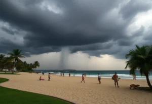 Dark storm clouds over Dominion Beach Park with swimmers in the water.
