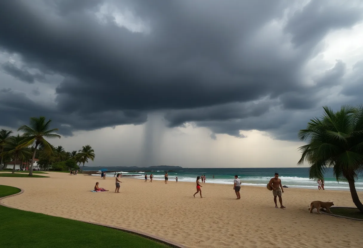 Dark storm clouds over Dominion Beach Park with swimmers in the water.