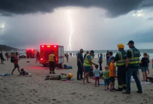 Emergency responders at the beach after a lightning strike incident