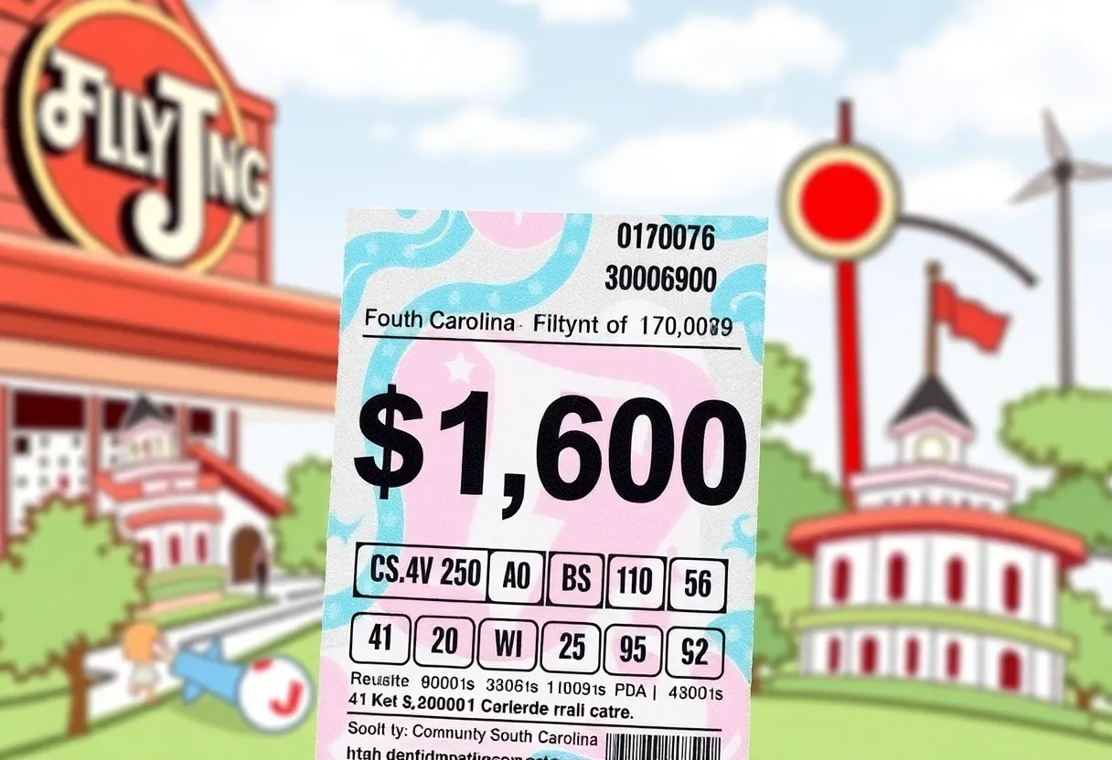 Lottery ticket in front of South Carolina landmarks