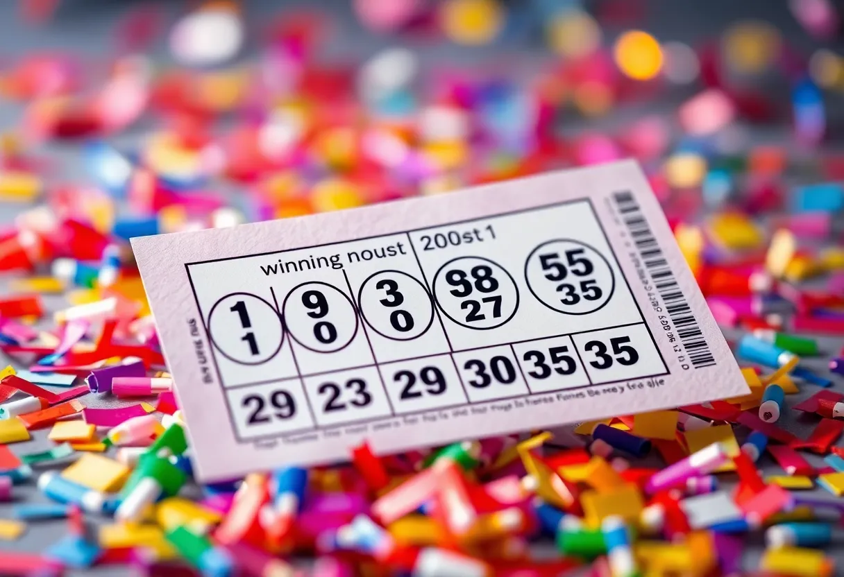 Illustration of a winning lottery ticket with celebratory confetti.