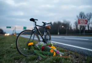 Memorial with flowers for a deceased bicyclist on a highway