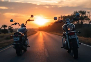 Motorcycle accident scene with sunset