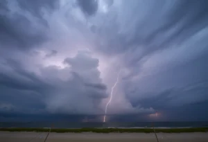 Dark storm clouds over Myrtle Beach indicating severe weather.