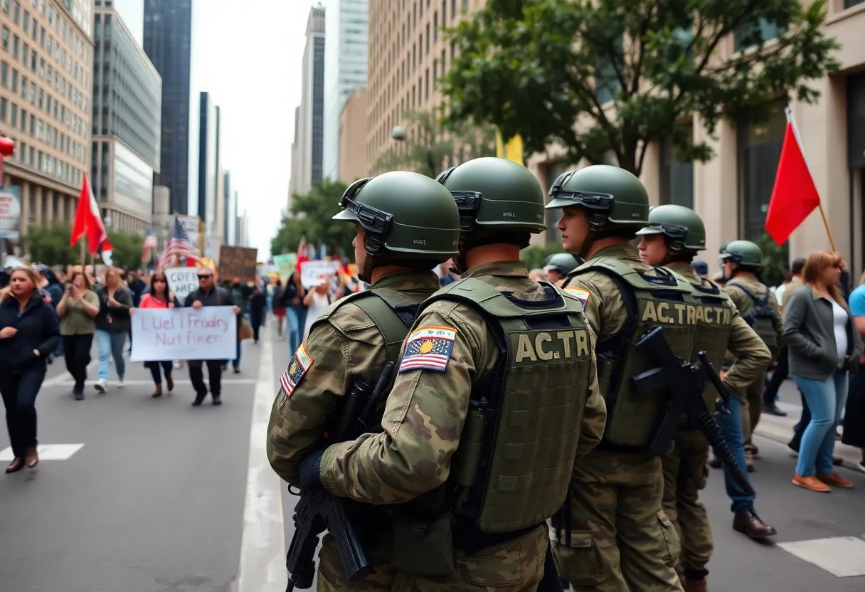 National Guard troops monitoring an immigration protest in Los Angeles