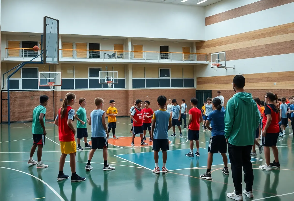 High school players practicing basketball at the NBPA Top 100 Camp in Rock Hill, SC.