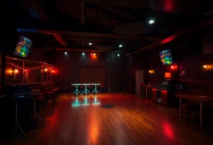 Interior view of a nightclub showing an empty dance floor