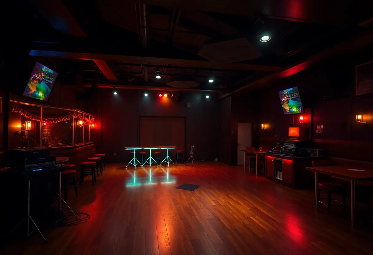 Interior view of a nightclub showing an empty dance floor