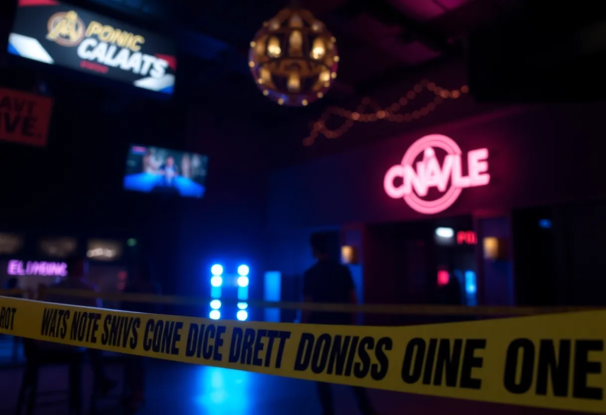 Scene outside Ole Skool nightclub with police presence and safety tape