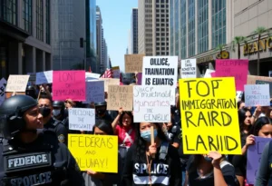 Protesters gathered in downtown Los Angeles opposing ICE immigration raids.