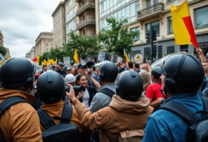 Crowd protesting with police presence, highlighting issues of journalist safety