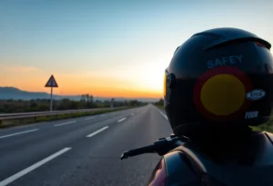 Scenic view of a quiet road at dawn with motorcycle safety signs.