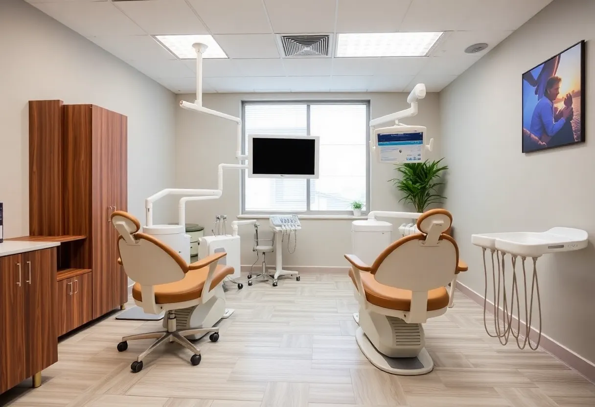 A dental office with modern facilities and comfortable chairs for patients.
