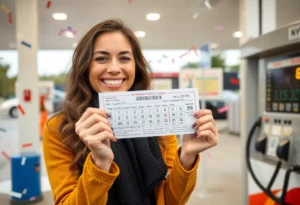 A woman celebrating her lottery win at a gas station.