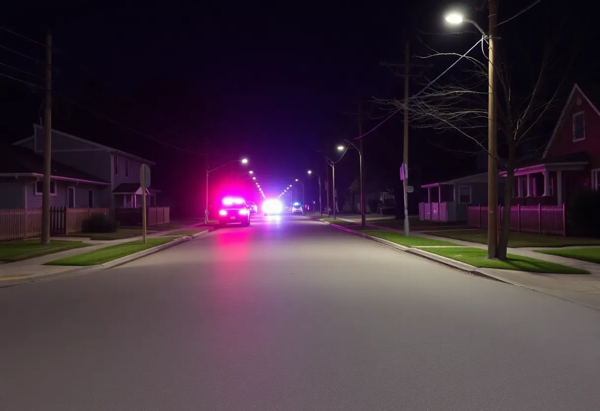 Street scene in Rock Hill at night with police lights.