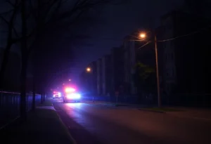 Emergency lights flashing in a Rock Hill neighborhood following a shooting incident