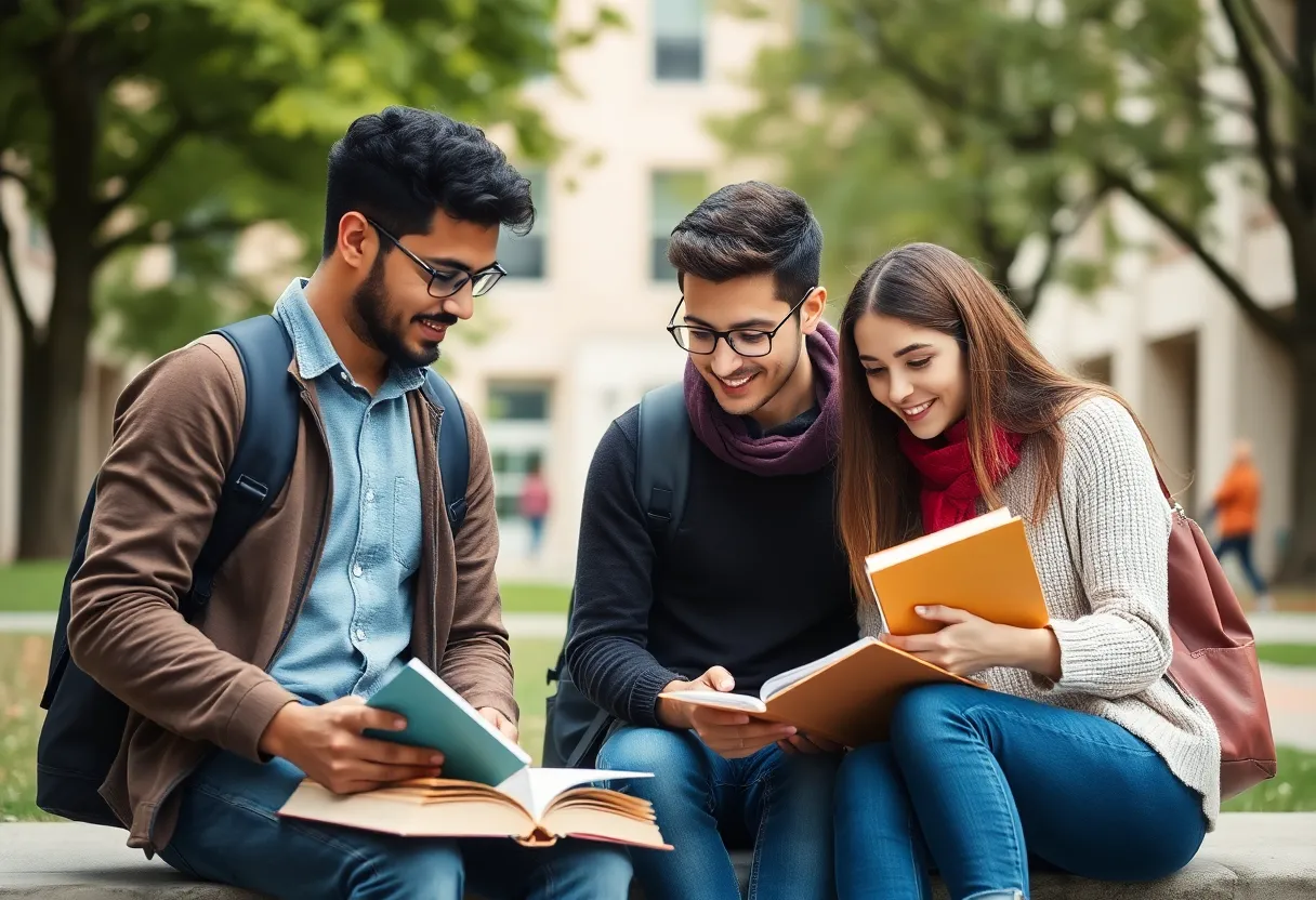 Diverse students collaborating on a college campus, symbolizing the partnership between SCC and Winthrop University.