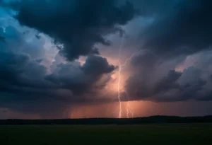 Dark storm clouds with lightning above a rural landscape
