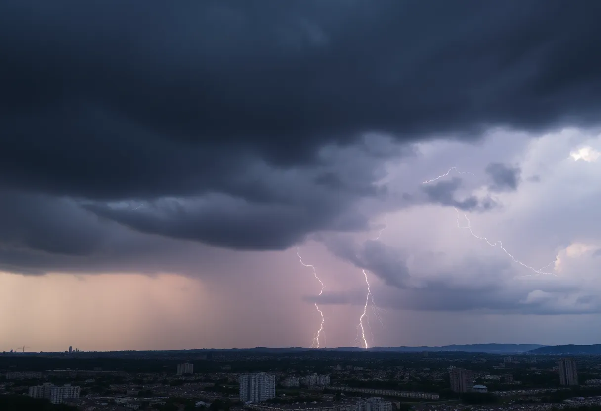 Dark storm clouds and lightning above Charleston city