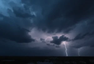 A severe thunderstorm sweeping over Columbia, South Carolina.