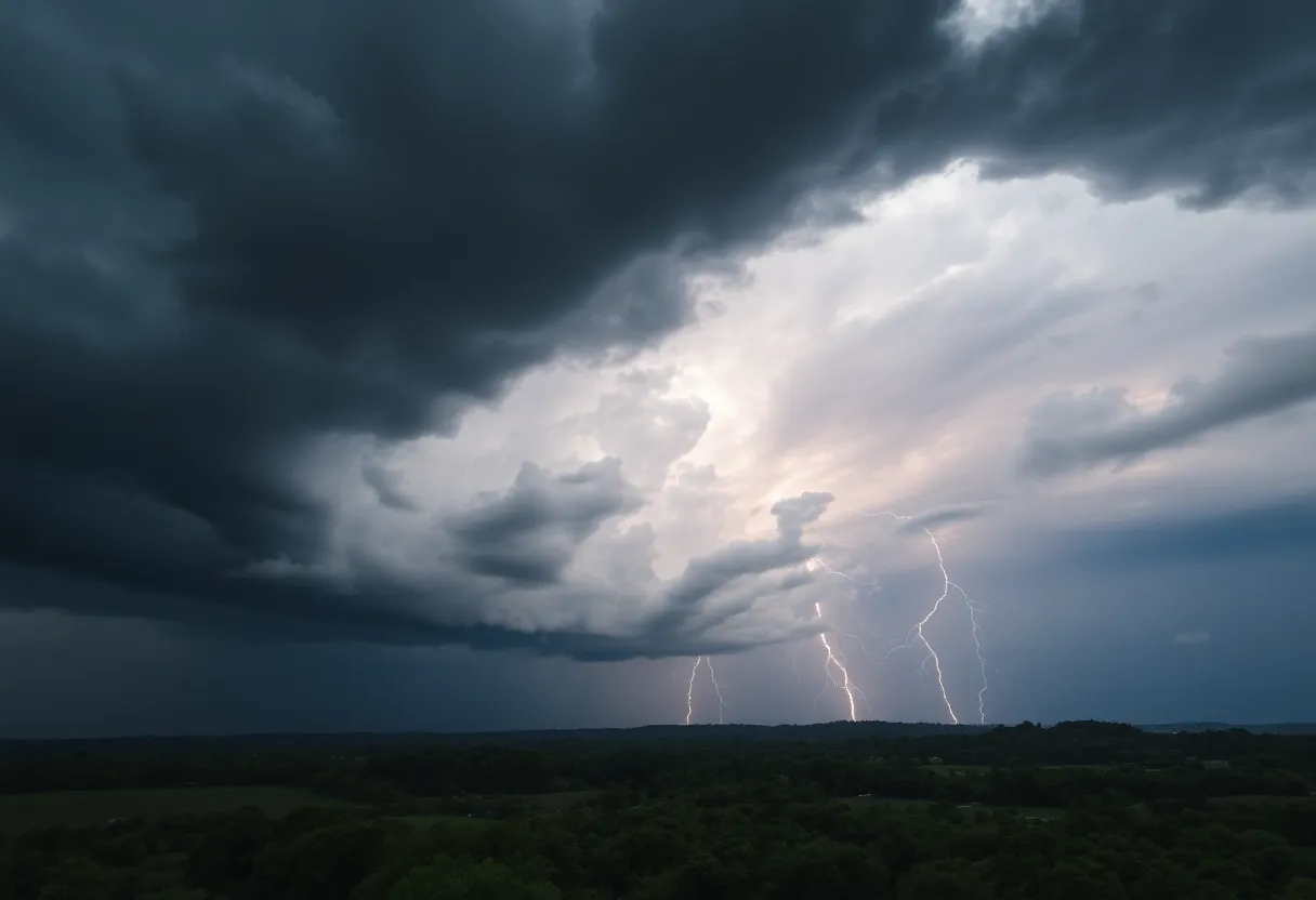 Dark storm clouds over Greenville signaling severe thunderstorm warning