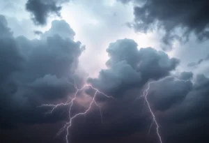 A severe thunderstorm brewing with dark clouds and lightning.