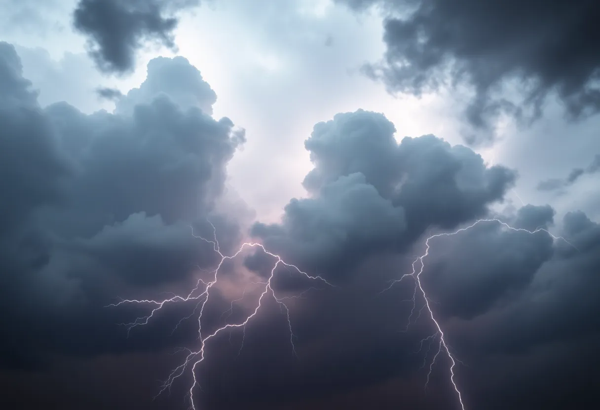 A severe thunderstorm brewing with dark clouds and lightning.