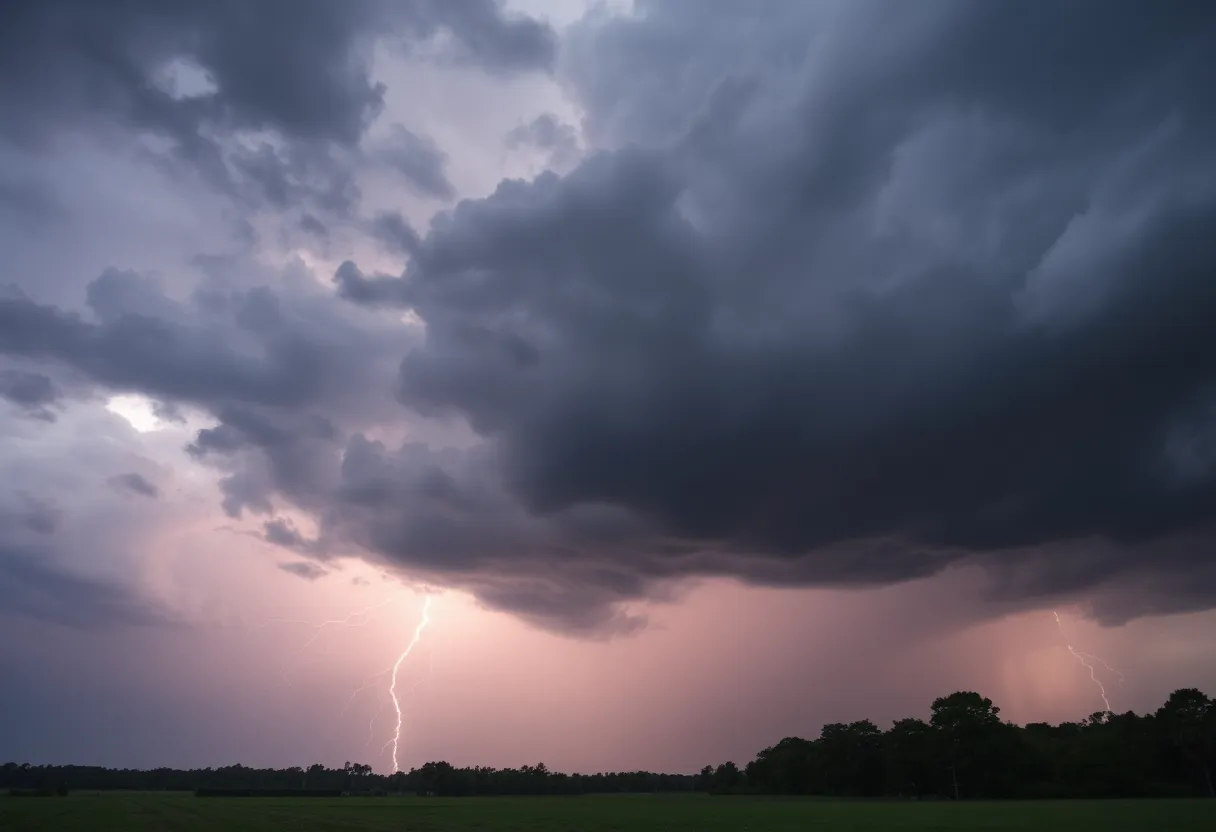Dark storm clouds over a rural South Carolina landscape